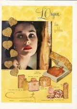 L'Origan COTY Golden Perfume Magazine Ad 1953 Shows Powders Talc Sachet 
