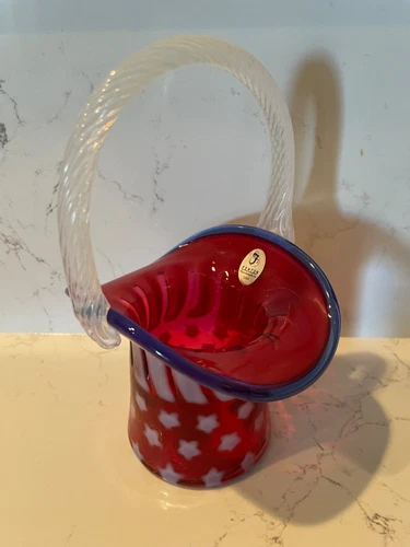 Fenton, Basket, Cranberry Opalescent Glass, "Stars & Stripes Collection". w/ box