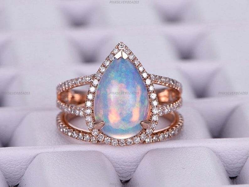 Engagement Set Art Deco Engagement Ring 14k Gold Opalite Moissanite Jewelry-image