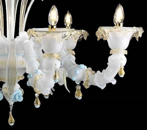 White Venetian Chandelier In Murano Glass Handmade In Italy 8 Lights - Picture 2 of 9