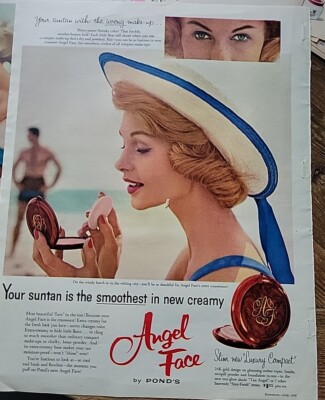 1958 Pond's Angel Face Make-up Powder Compact Redhead Hat Vintage Ad