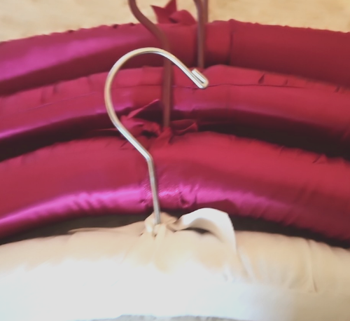 Vintage Burgundy Red Satin Ivory Cotton Covered Jumbo Hangers Padded Lot of 4 - Picture 4 of 4