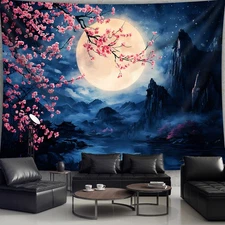 1pc Extra Large Moonlit Mountain Cherry Blossom Tapestry - Dreamy Night Sky & Pi