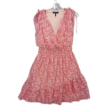 BCBG Paris Floral Dress Tiered Ruffled Chiffon V Neck Sleeveless Smocked Waist M