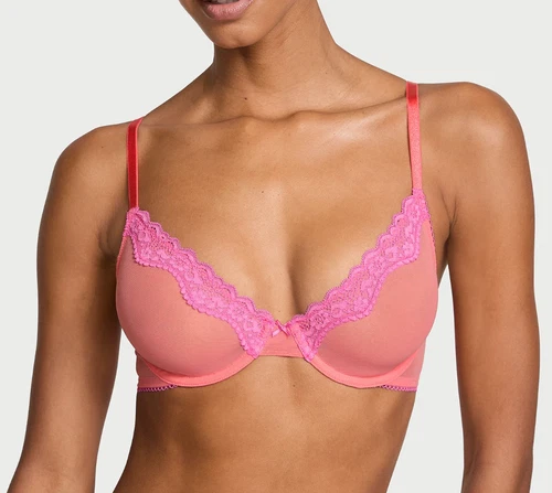 Victoria Secret Tease Lace Trim Unlined Demi Bra Coral/Pink 32DD