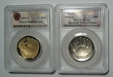 2 COINS = 2014 D & S PCGS MS69 PF69 Baseball Hall of Fame Half Dollars FREE Ship