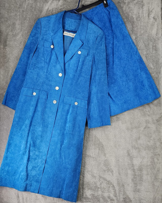 Adele Simpson 2 Piece Womens Jacket Skirt Set Size 12 Blue Suede 70s Vintage