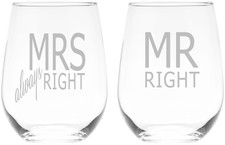 Mr Mrs Always Right Stemless Wine Glass Set - Wedding Engagement Anniversary