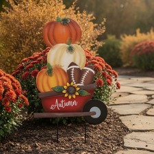 Durable Metal Outdoor Fall Decorations - Pumpkin Football Garden Stakes