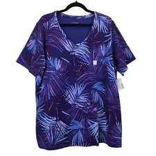 NWT Catherines 1X 18/20W Purple Blue Tropical Leaf Print V Neck Top Vacation