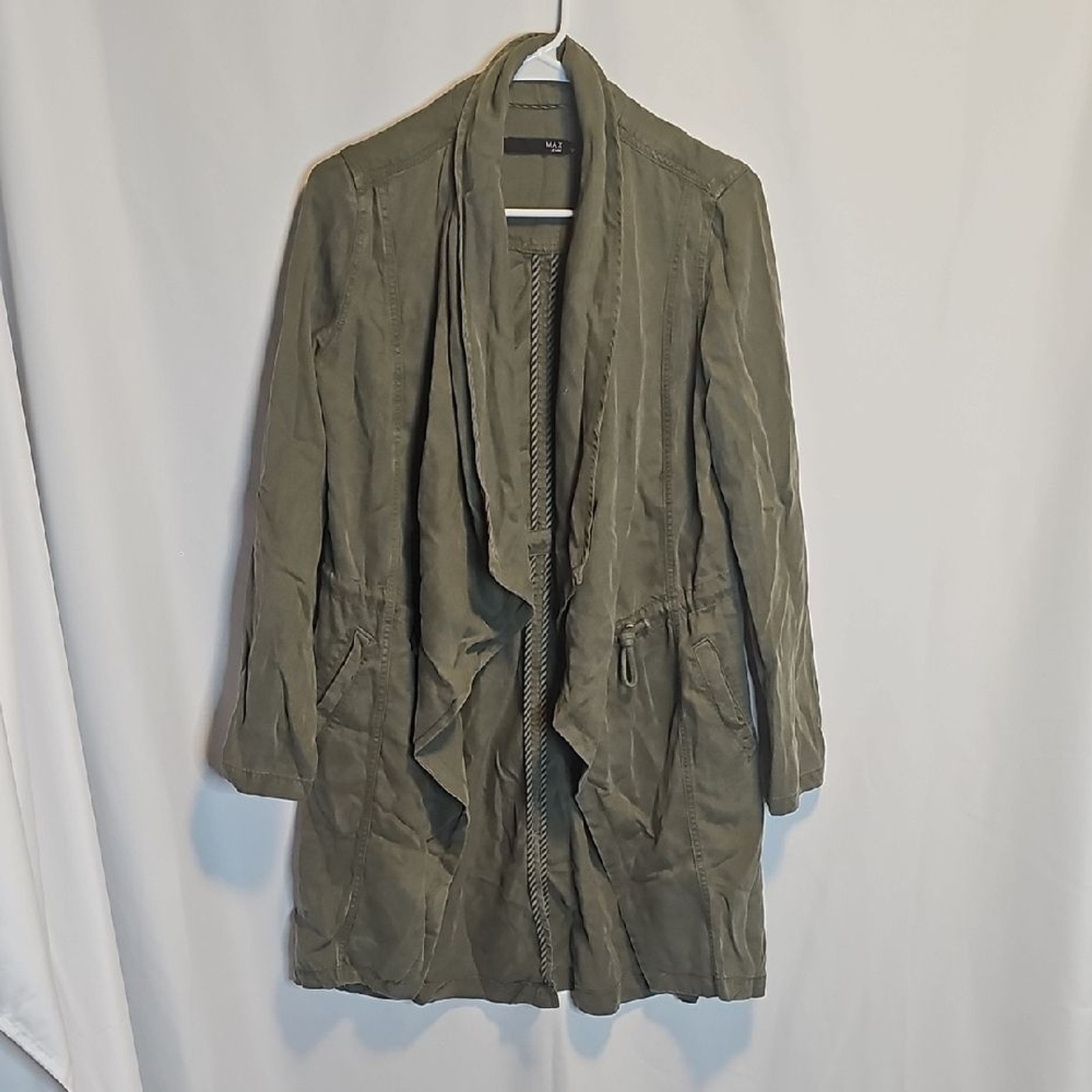 Max Jeans Womens XS Olive Green Tencel Drape Open Front Utility Jacket