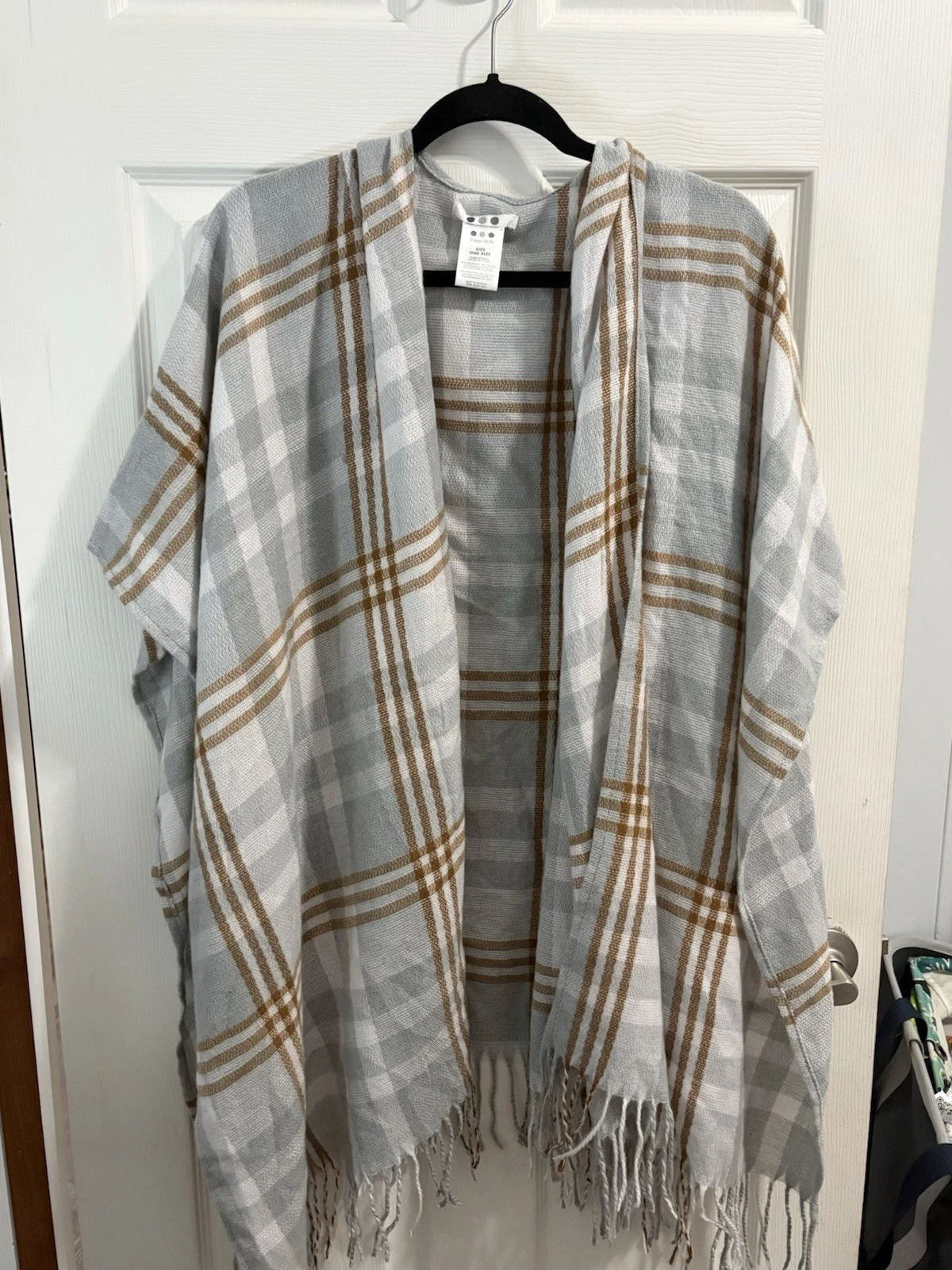 Three Dots Women’s Wrap Shawl Poncho Shrug Cashmere Blend OS Gray Plaid