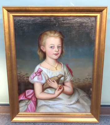 Museales Portrait eines Mädchen mit Taube in der Hand Monogrammiert CP von 1872