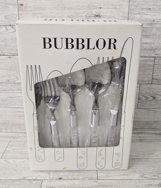 Juego de 18 cubiertos vintage de acero inoxidable con burbuja transparente IKEA Bubblor caja abierta 