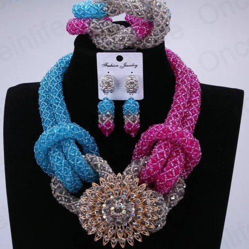 Silver Crystal Beaded African Nigerian Weddings Jewelry Set For Bridal - Picture 7 of 22