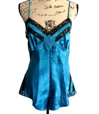 NWT VTG VICTORIA S SECRET MEDIUM BLUE SATIN ROMPER BODYSUIT TEDDY SNAP CROTCH