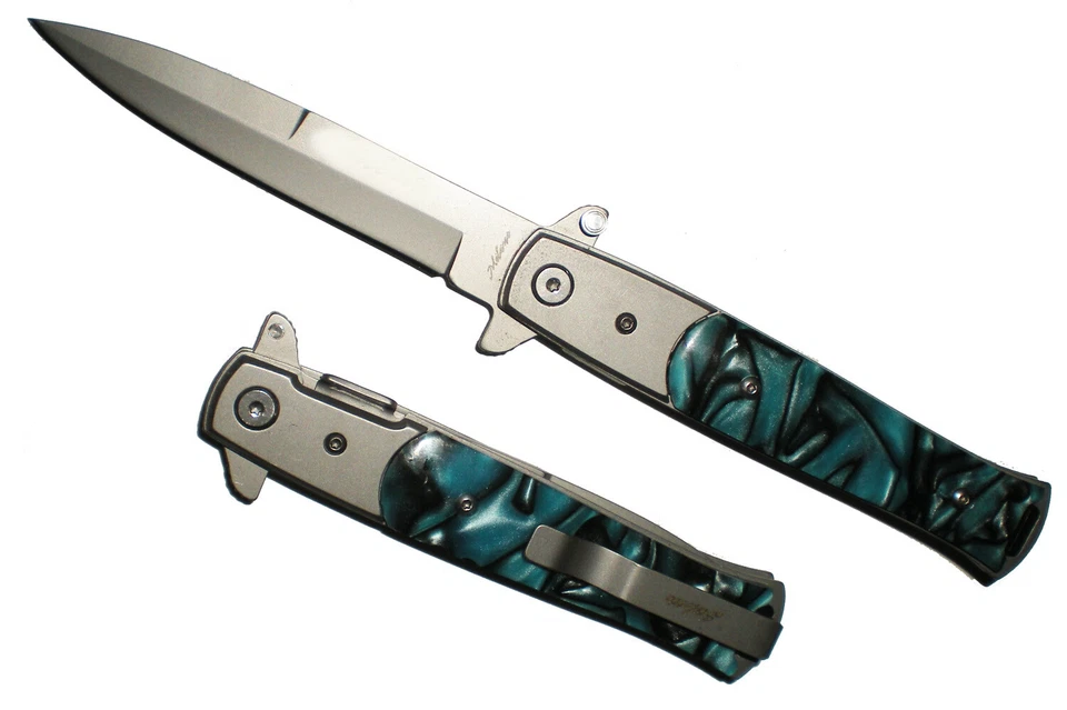 THE X BAY Blue Marble Handle Milano Godfather Style ASSISTED OPENING POCKET KNIFE