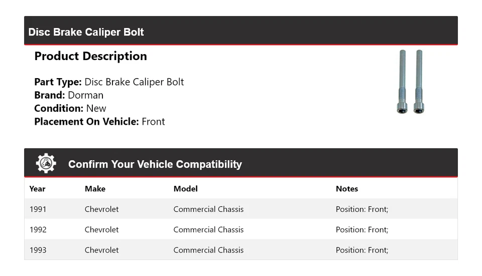 Para Chevrolet 1991-1993 Chasis Comercial Dorman Pinza de Freno de Disco Perno Delantero Foto 2 de 4