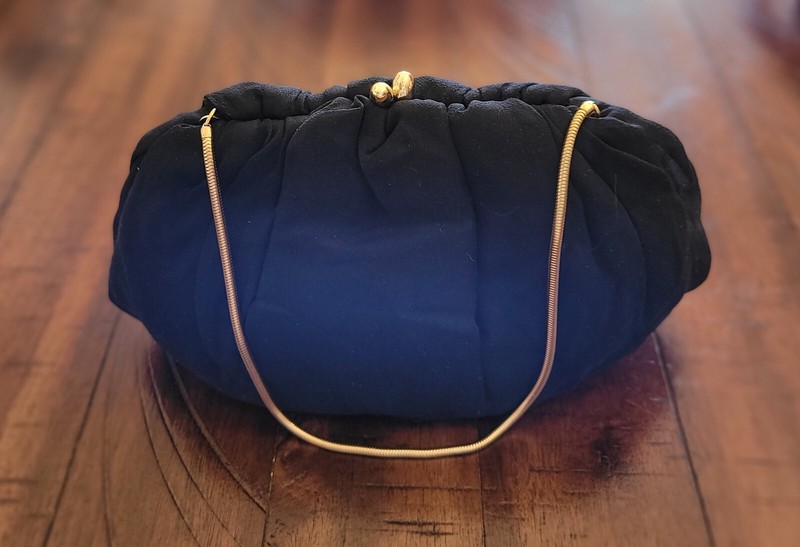 Ingber Black Chiffon Vintage 1950s Handbag Gold Kiss Latch & Coil Handle