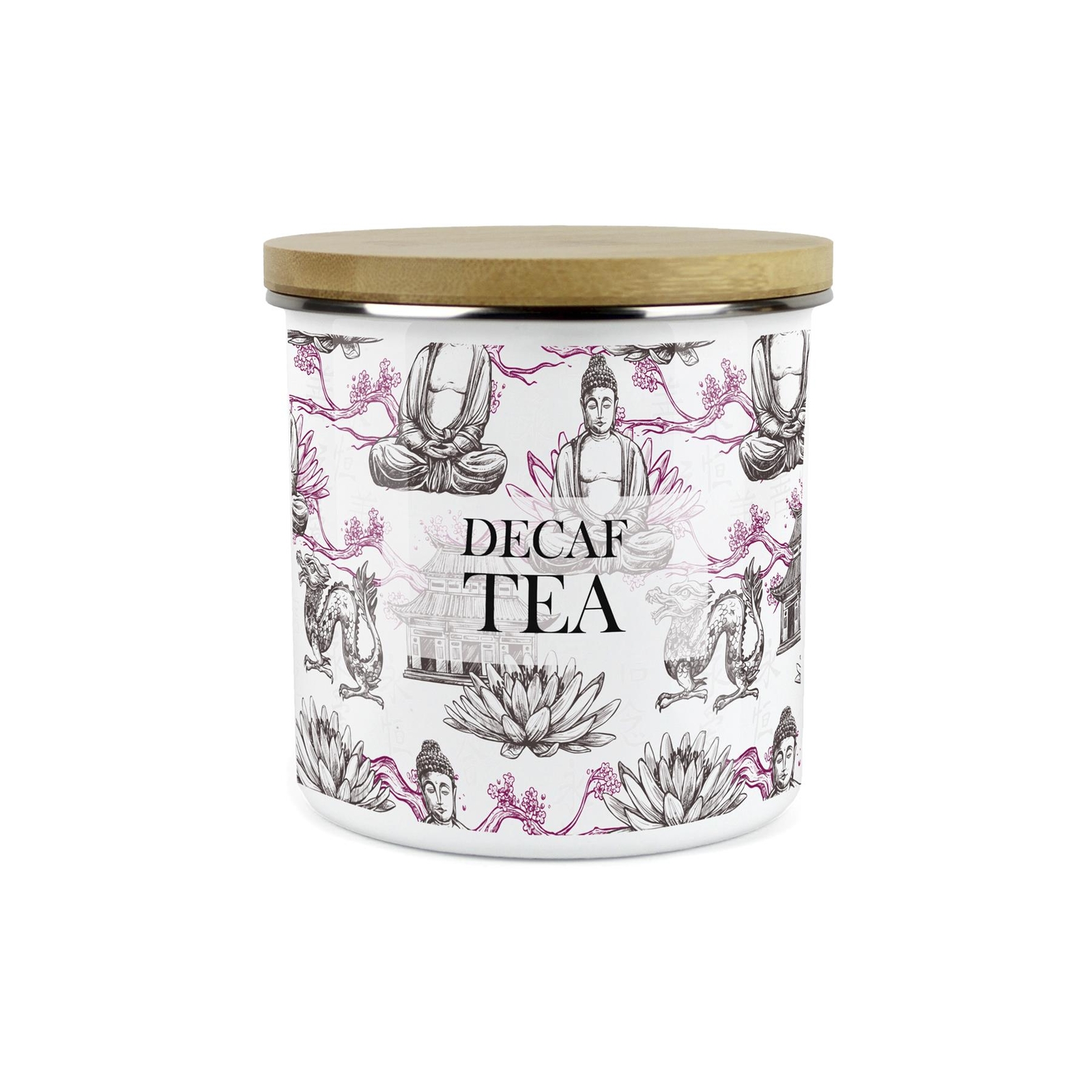 Decaf Tea Storage Canister - Oriental Scene Enamel Kitchen Storage Jar