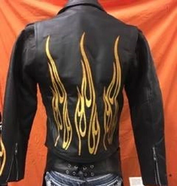 Women's Flame Embroidery Leather Motorcycle Jacket - 8024F