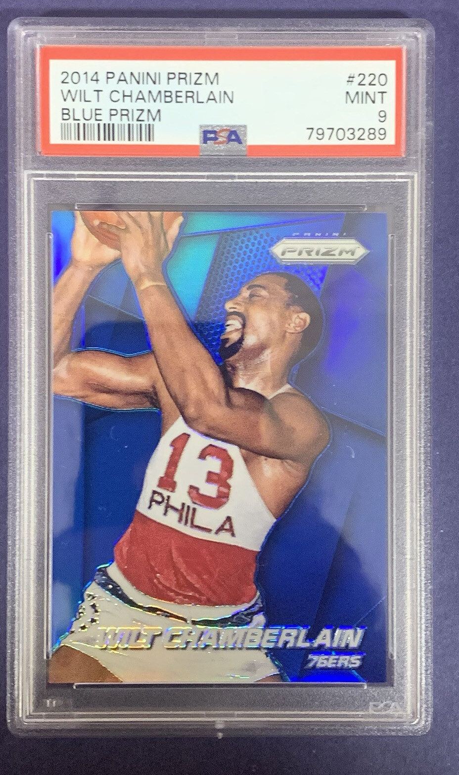 2014 Panini Prizm #220 Wilt Chamberlain Blue Prizm #32/99 PSA 9 Mint HOF 76ers
