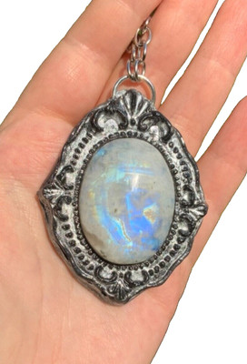 Rainbow Moonstone Pendant Necklace Handcrafted Huge