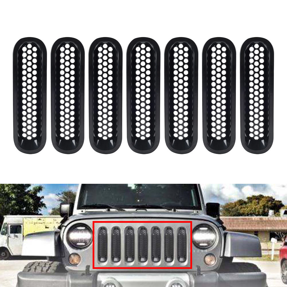 7PCS Front Insert Mesh Grille Trim Cover Fit Jeep Wrangler JK 2007-17 Black US