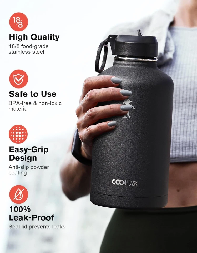 64 oz Water Bottle Insulated with Straw & 3 Lids|Large Metal Stainless Steel Wat - Image 3 of 4