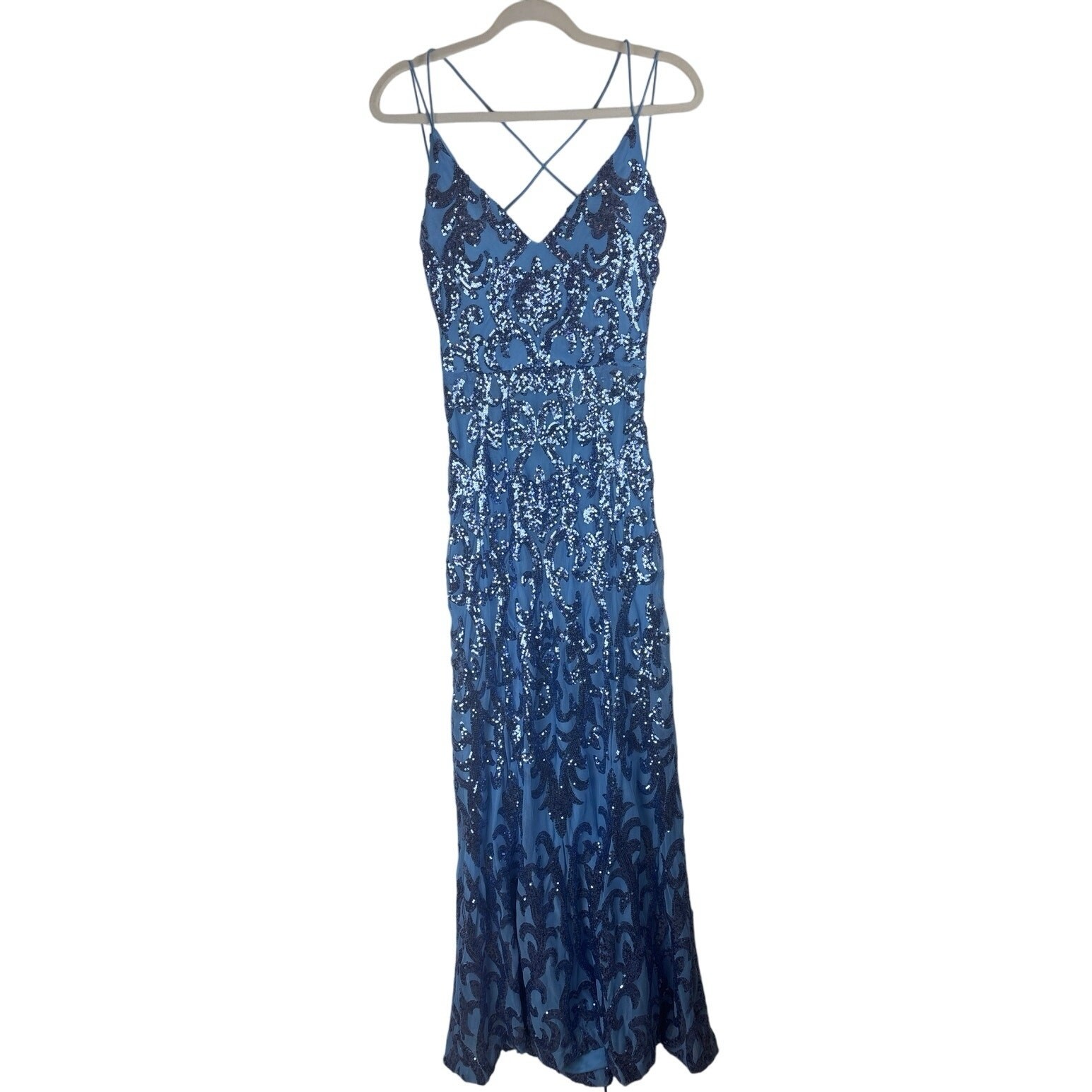 B. Darlin Blue Sequin Formal Dress Floor Length Exposed Back Size M