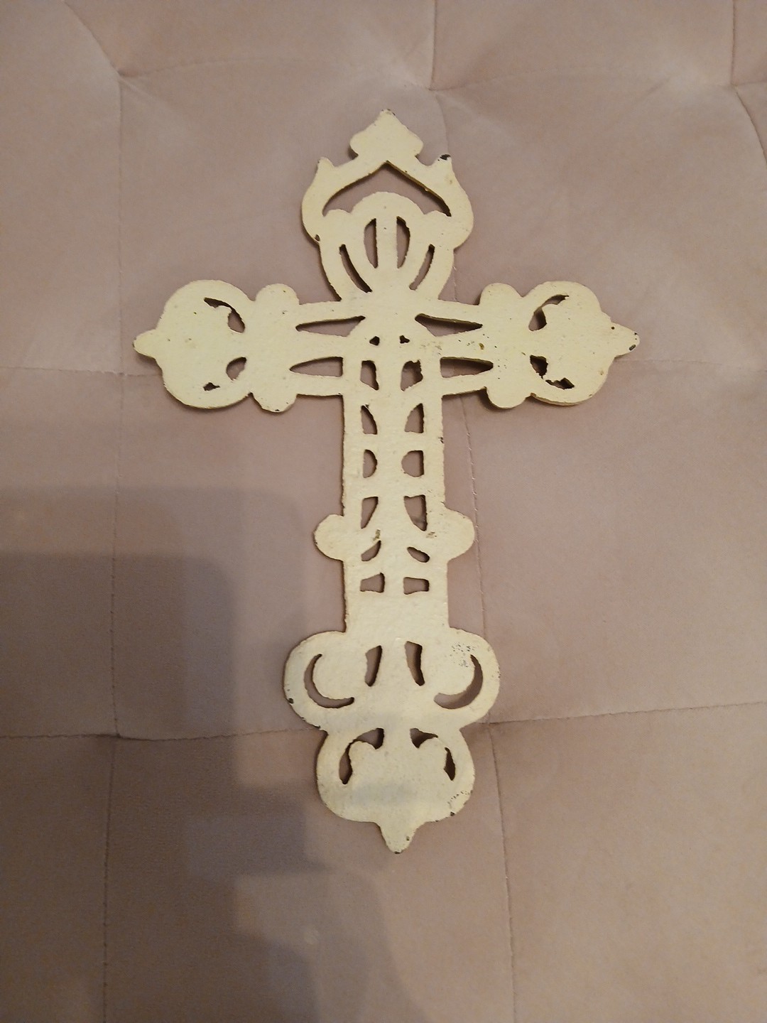 Cast Iron Hanging Wall Cross Decor Cream Off White Distressed Finish 11.5" By 8"