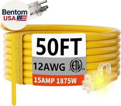 50 FT 12/3 Gauge Heavy Duty Outdoor Extension Cord Waterproof with Lighted End,