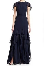 Halston Heritage Ruffled Evening Dress Women's 6 Dark Navy Long Gala Event Gown