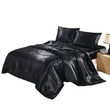 Hotel Quality Black Duvet Cover Set Queen/Full Size Silk Like Satin Bedding w...