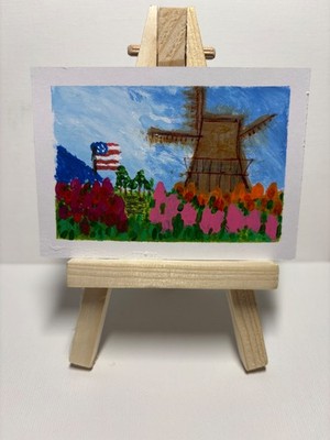 ACEO Original USA Flag Windmill Tulip Garden Hand Painted by TheArtsyDispatcher