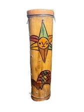 Vintage Hand Painted Bamboo Rain Stick Drum Percussion Instrument Turtle and Sun
