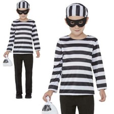 Bank Robber Burglar Kids Black White Striped Set Fancy Dress Costume Age 10-12
