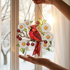 Cardinal Daisy Acrylic Suncatcher Red Bird Floral Window Hanging Decor