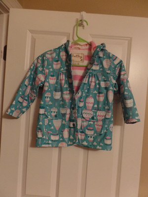Girl's, Hatley Hooded Rain Jacket, Aqua/Pink, Hot Air Balloons, Size: 4, Ex Con
