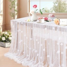 White Pearl Tulle Tablecloth 10ft Flower Pearl Table Runner Tulle Fabric Wedd...