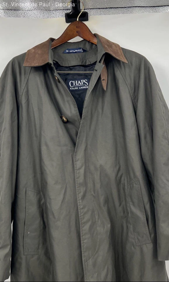 Chaps Ralph Lauren Olive Leather Collar Long Wool Lined Rain Jacket Men's 38 Y2K - Image 4 of 4