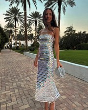 Women's Sequins Bodycon Long Maxi Dress Slip Party Evening Glitter Split Dresses