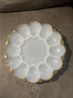 Anchor Hocking Fire King Deviled Egg Plate Milk Glass With Gold Trim 10” Vintage