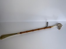 Vintage Faux-Bamboo Horses Head Brass Wooden Shoe Horn