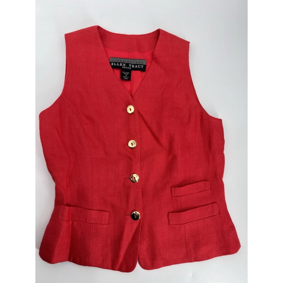 De Colección Años 90 Linda Allred Ellen Tracy Lino Chaleco Falda Conjunto Rojo Minimalista Verano 4P Foto 3 de 4