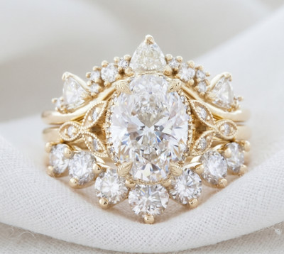 Engagement Ring Set 3 Carat OIGI Lab Created val Cut Diamond 18k Yellow Gold