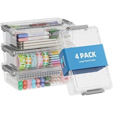 4 Pack Extra Large Pencil Box, Plastic Pencil Case Organizer, Clear Crayon Box