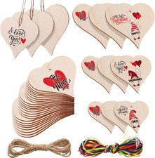 36 Wooden Heart Ornaments with Holes, Rope  Ribbons for Valentine's Day Decor