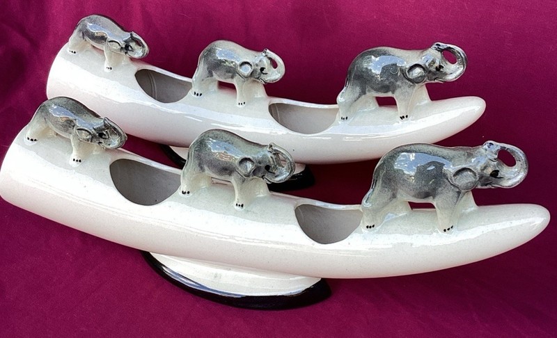 Pair  3 Trunks Up Smiling Elephants On Tusks All Ceramic  Planters MCM