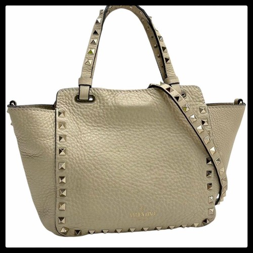 VALENTINO GARAVANI Rockstud Leather 2Way Handbag Shoulder Tote Beige Cream Used